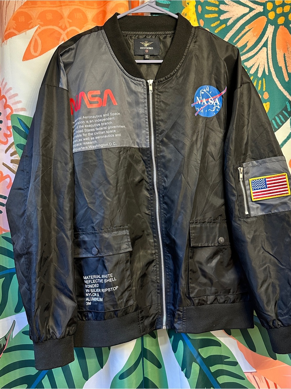 Asst Series Military/Bomber  Jacket, NASA Patches Mens Black - Extra Large